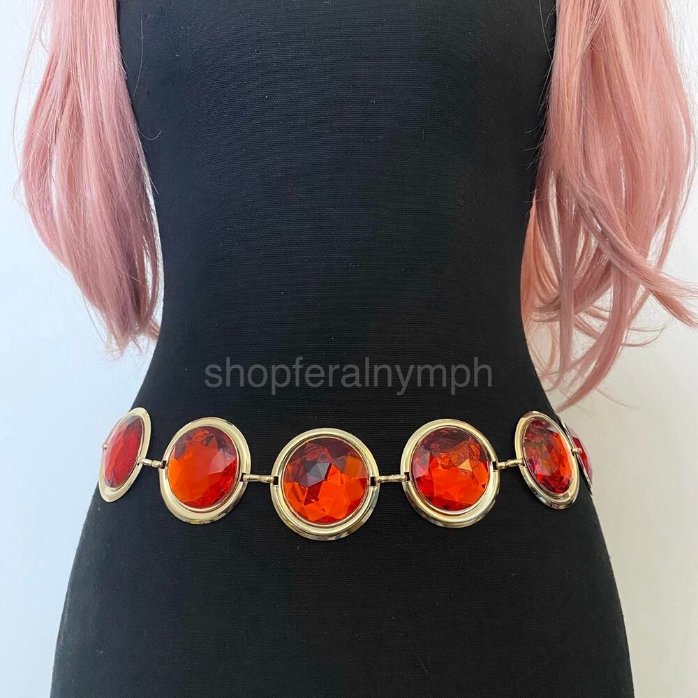 Gold Y2K Red Jewel Whimsygoth Waist Chain Belt, Fits 21 to 30 Inches, X7GA1438